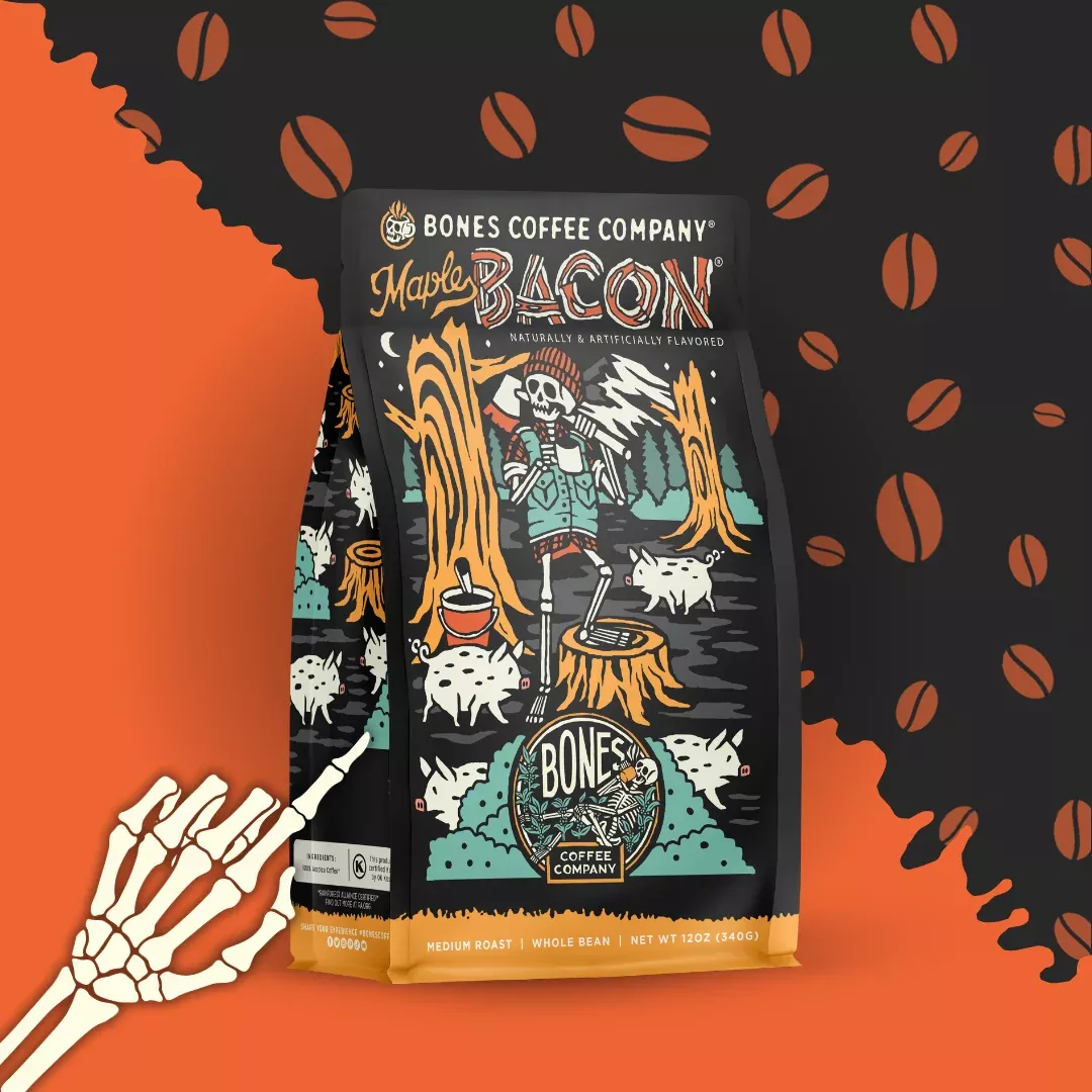 Bones Coffee Company - Maple Bacon Flavored Coffee | 12oz | Whole Bean & Ground: Ground