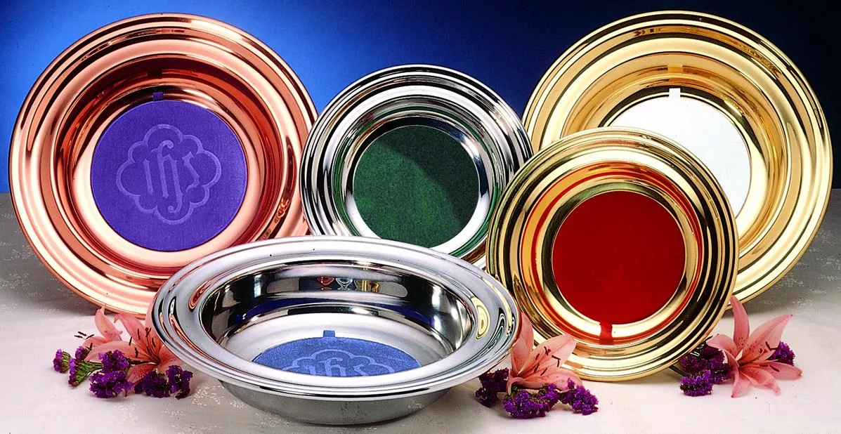 Deluxe Metal Offering Plates: Brass/Blue pad